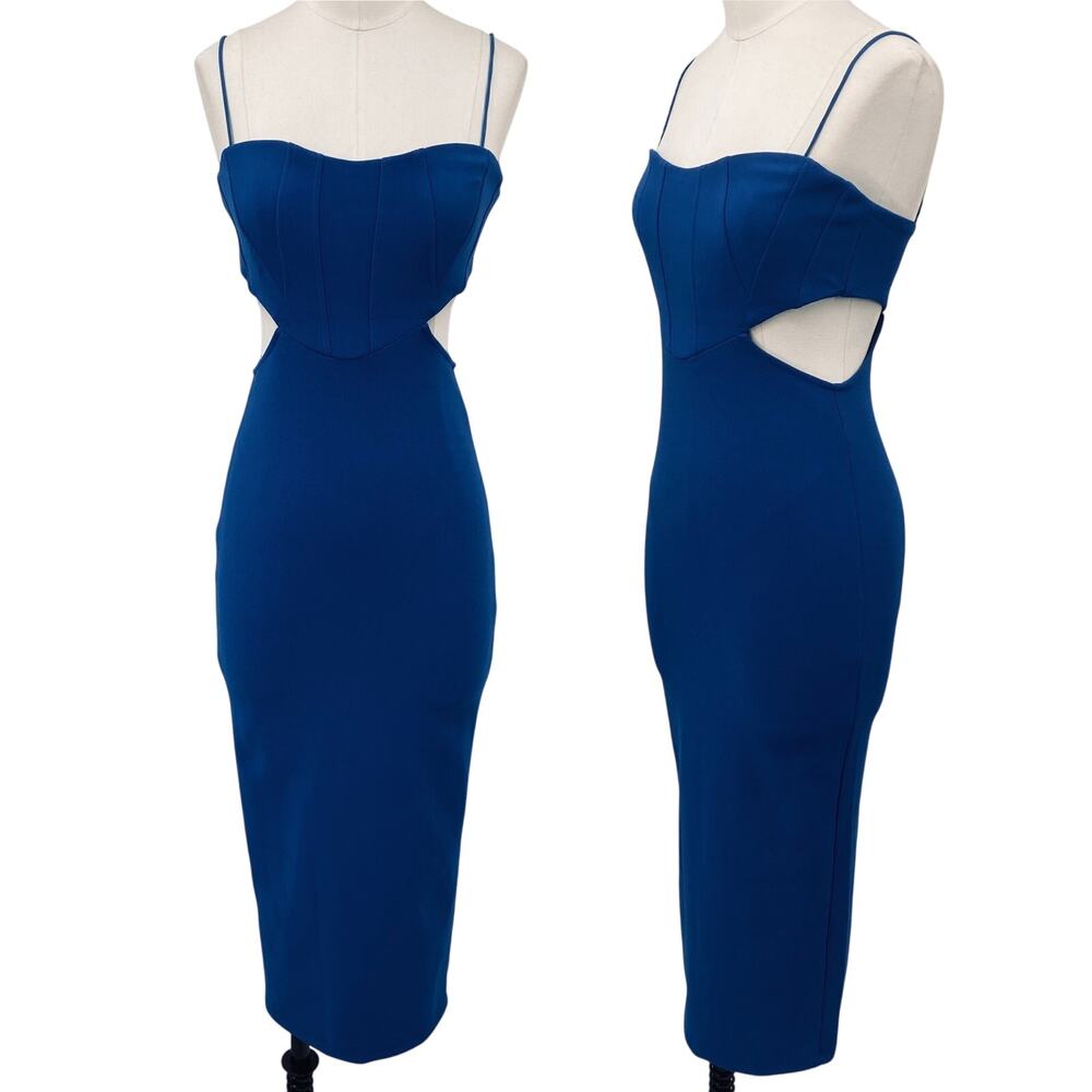Hello Molly Cut Out Bustier Bodycon Midi Dress Knit Stretchy Cobalt Blue US 4